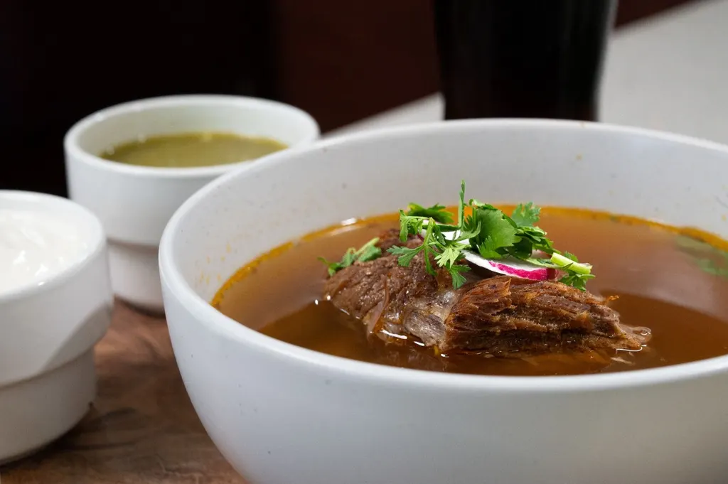 Orden de birria de cerca, con cilantro y rábano